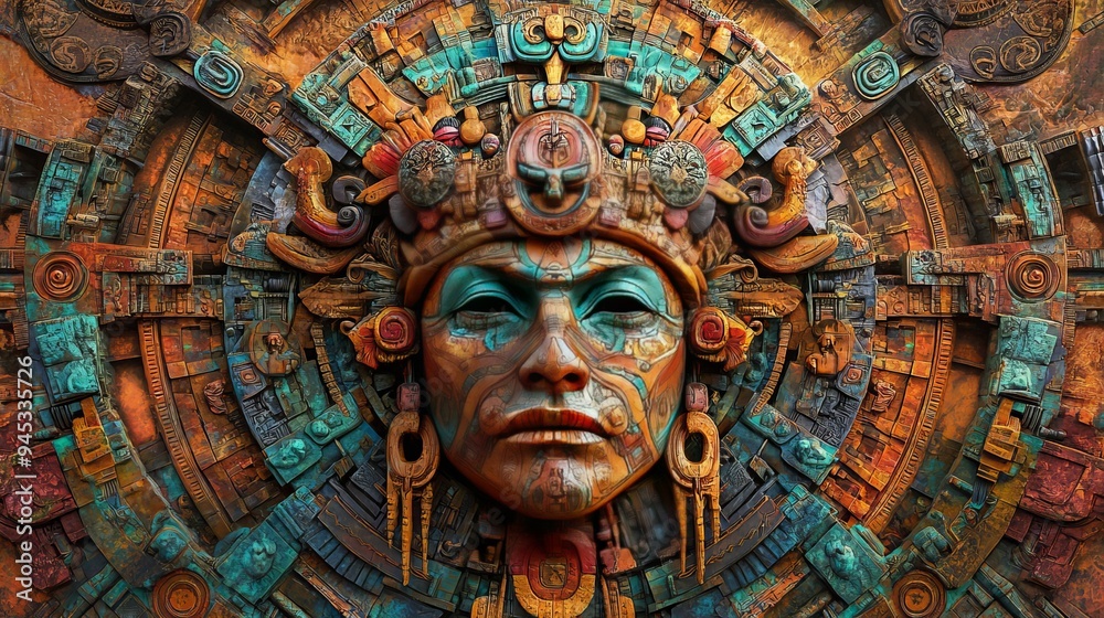 Intricate mural of an ancient figure at an archaeological site in Mexico Intricate mural of an ancient figure at an archaeological site in Mexico