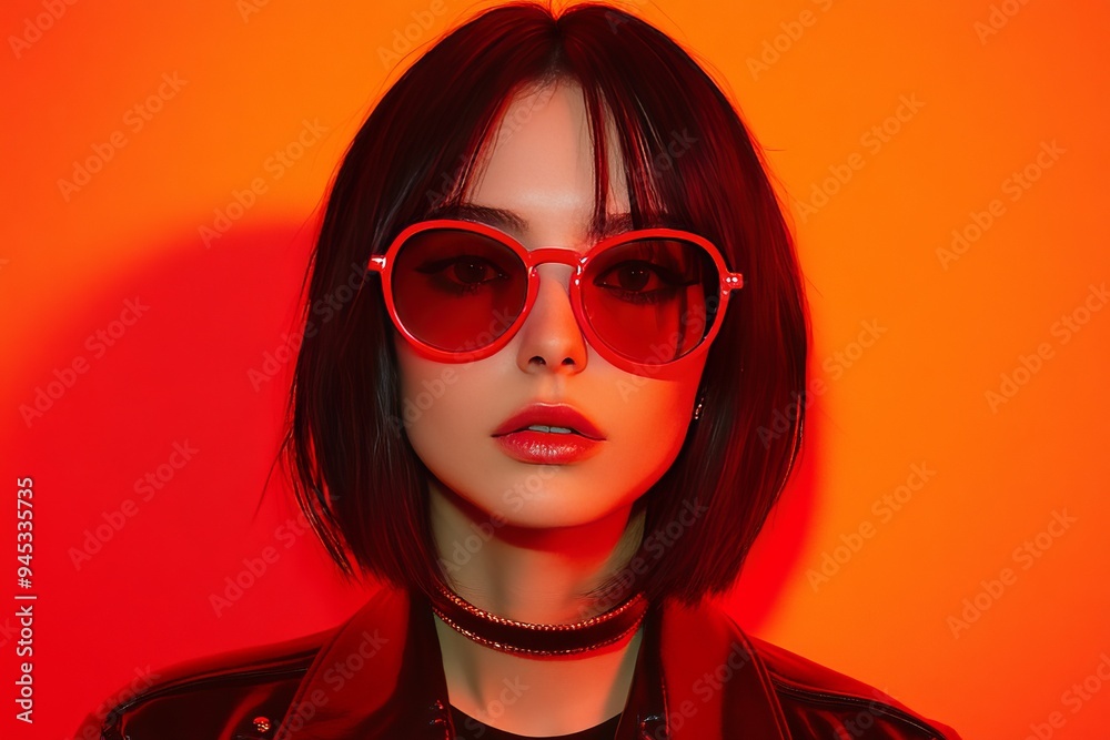 Portrait of a Woman with Red Sunglasses in a Bold Orange Background Capturing the Essence of Modern Style and Confidence Portrait of a Woman with Red Sunglasses in a Bold Orange Background Capturing the Essence of Modern Style and Confidence