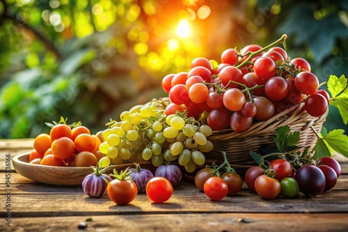 Freshly picked juicy grapes and ripe tomatoes artfully arranged on a rustic wooden table, surrounded by lush greenery and soft morning light. photo