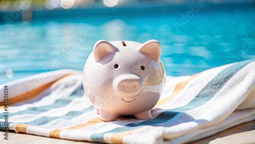 Summer Savings Poolside - Piggy bank on a beach towel by the pool, emphasizing saving up for summer travels.
