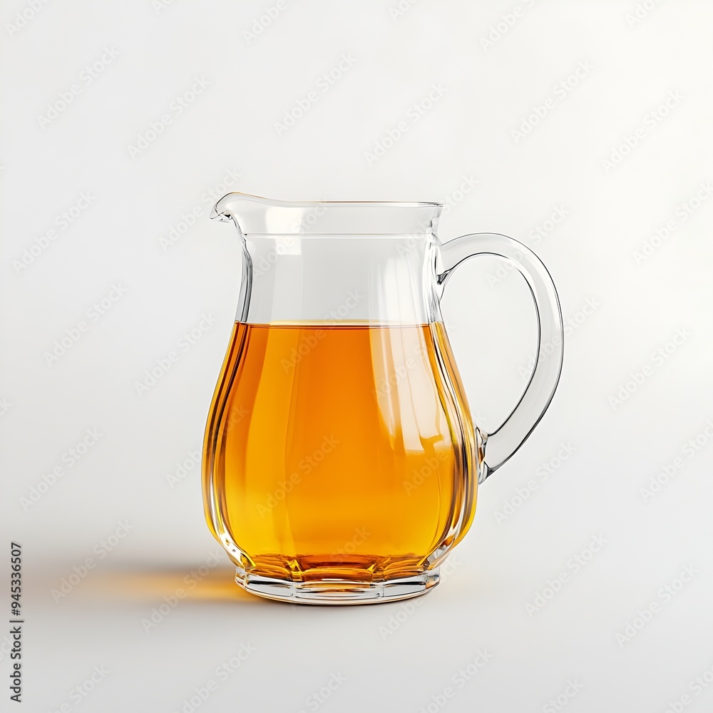 Crystalline Glass Pitcher Filled with Fresh and Vibrant Apple Juice Placed Centrally on a Plain Reflective Surface against a Bright Minimalist Background