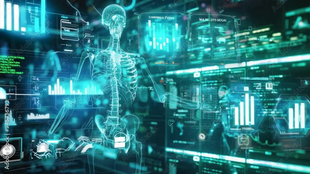 Digital Anatomy: A futuristic medical interface displays a glowing digital human skeleton surrounded by a symphony of data and visualizations. This abstract concept explores the merging of technology Digital Anatomy: A futuristic medical interface displays a glowing digital human skeleton surrounded by a symphony of data and visualizations. This abstract concept explores the merging of technology