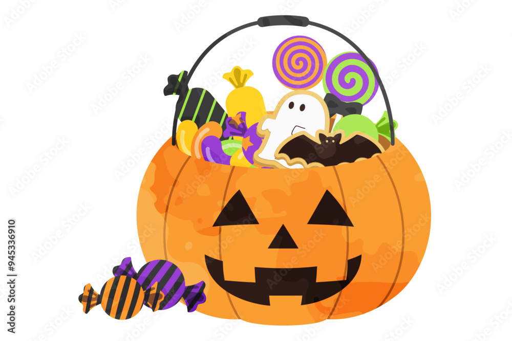 Fototapeta premium ハロウィンのジャックオランタンお菓子詰め合わせイラスト
