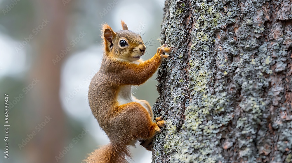 A close-up captures a cute red squirrel as it climbs a tree trunk, its fur glowing in the light. A close-up captures a cute red squirrel as it climbs a tree trunk, its fur glowing in the light.