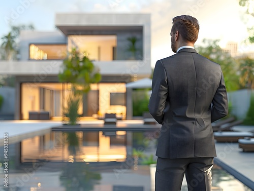 A real estate agent wearing a suit, standing in front of a modern house, looking at the building.