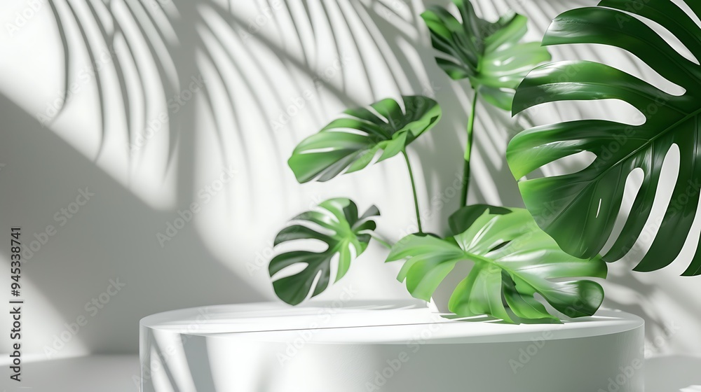 Tropical Minimalist Product Display with White Platform and Green Leaves