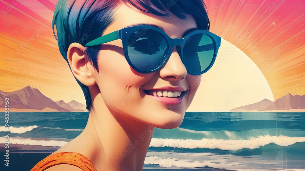 Beautiful woman in sunglasses smiling happily at the beach. retro style, evoking vintage summer vibes and classic advertising new stock image illustration AI Beautiful woman in sunglasses smiling happily at the beach. retro style, evoking vintage summer vibes and classic advertising new stock image illustration AI