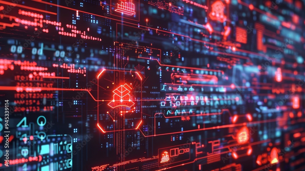 Urgent data breach alert high tech virtual screen with warning symbols and glowing code fragments Urgent data breach alert high tech virtual screen with warning symbols and glowing code fragments