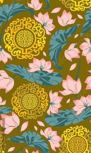 Golden Vietnamese Traditional Pattern with Lotus and Symbolic Elements