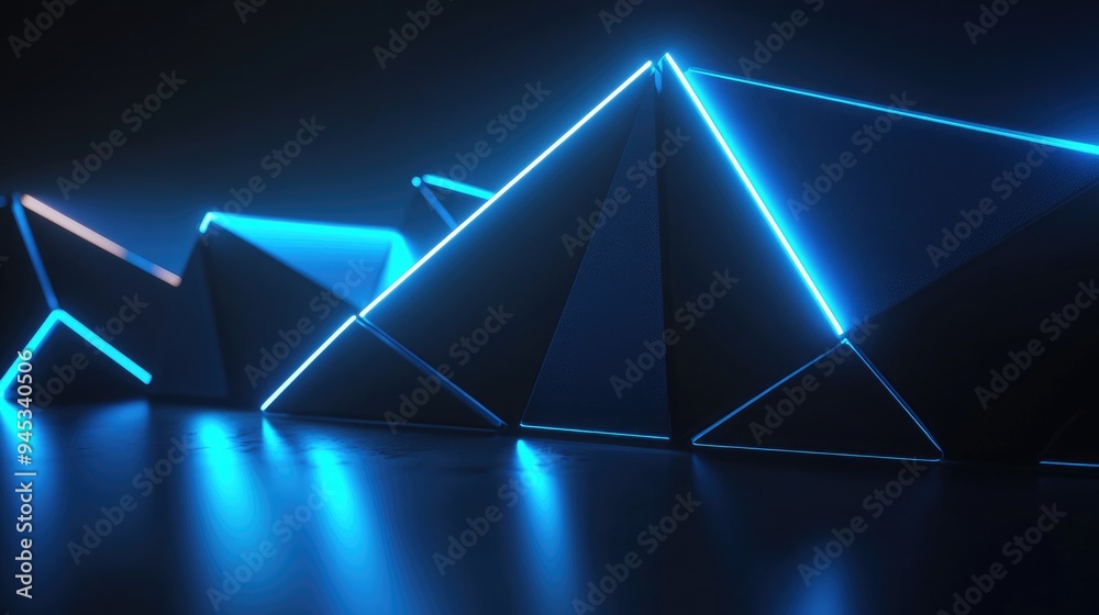 Fototapeta premium 3D rendered black geometry illuminated by blue gradient neon lights against a dark backdrop