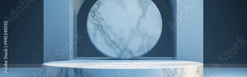 3D rendered marble podium with circular geometry on a blue backdrop for product display mockup or modern graphic resource template photo