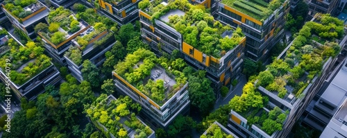Aerial view of modern sustainable buildings with lush green rooftop gardens, surrounded by trees and urban landscape.
