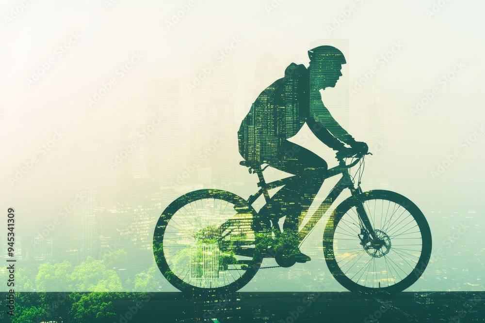 Fototapeta premium Double exposure image of a cyclist riding a bike overlaid with a cityscape, illustrating urban cycling and environmental awareness.