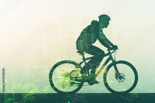 Double exposure image of a cyclist riding a bike overlaid with a cityscape, illustrating urban cycling and environmental awareness.
