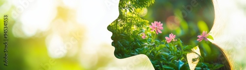 Double exposure of a woman's profile and lush green foliage with flowers, symbolizing a connection with nature and environmental harmony.