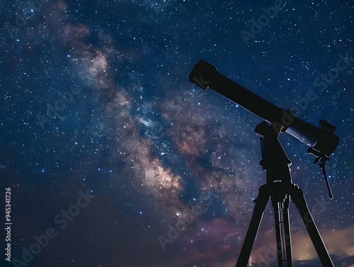 A black telescope pointing upwards at starry night sky filled with twinkling stars and galaxies. photo