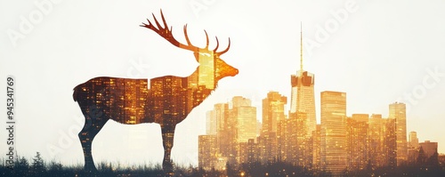 Double exposure of a deer silhouette superimposed over a city skyline, blending nature with urban elements in a unique artistic composition.