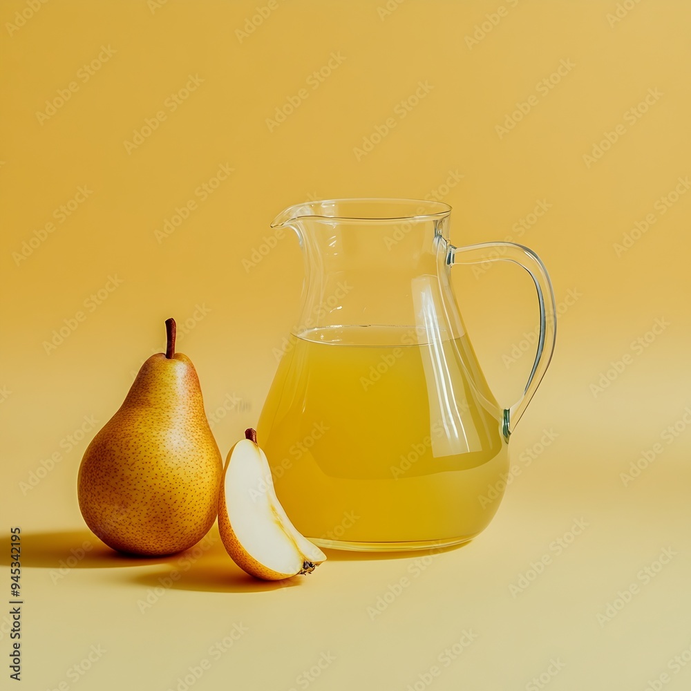 Elegant glass pitcher filled with freshly squeezed pear juice placed at the center of a plain and simple surface creating a minimalist and modern still life composition Elegant glass pitcher filled with freshly squeezed pear juice placed at the center of a plain and simple surface creating a minimalist and modern still life composition