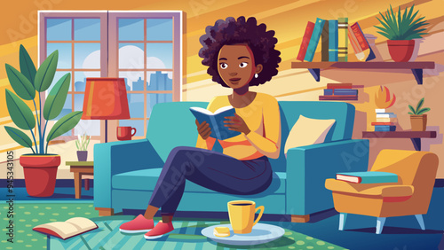 Pensive relaxed African american woman reading a book at home, drinking coffee sitting on the couch. Copy space.