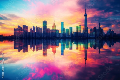 Stunning city skyline with colorful sunset reflecting on water, showcasing tall buildings and striking tower silhouette.