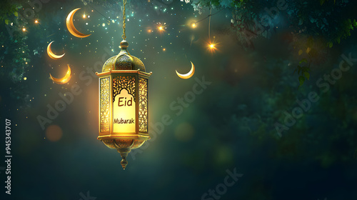 Happy Eid Ul Fitor background Ornamental Arabic lantern glowing. AI generative.	 photo