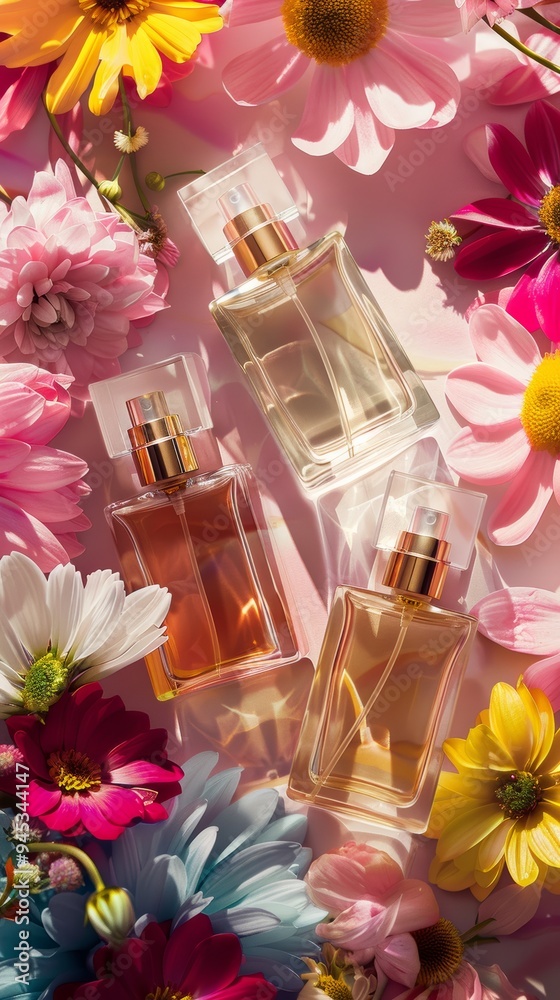 Floral Fantasy: Crystal perfume bottles nestled in a vibrant bouquet of daisies, ranunculus, and cosmos, bathed in warm sunlight, evoke a sense of spring and captivating fragrance. Floral Fantasy: Crystal perfume bottles nestled in a vibrant bouquet of daisies, ranunculus, and cosmos, bathed in warm sunlight, evoke a sense of spring and captivating fragrance.