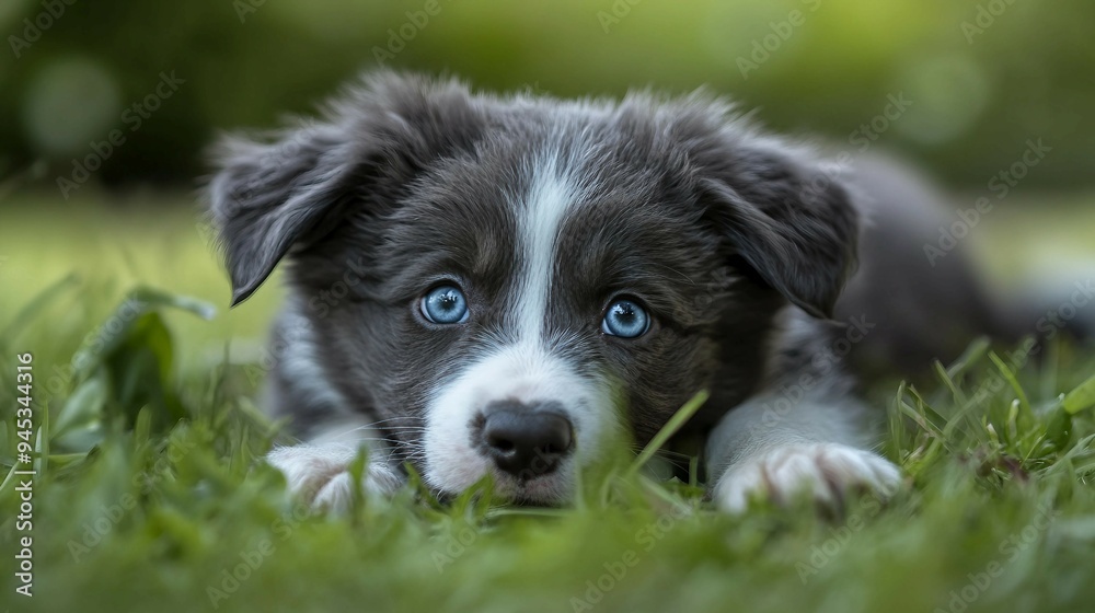 Adorable Border Collie Puppy with Blue Merle Coat Playing Outdoors Adorable Border Collie Puppy with Blue Merle Coat Playing Outdoors