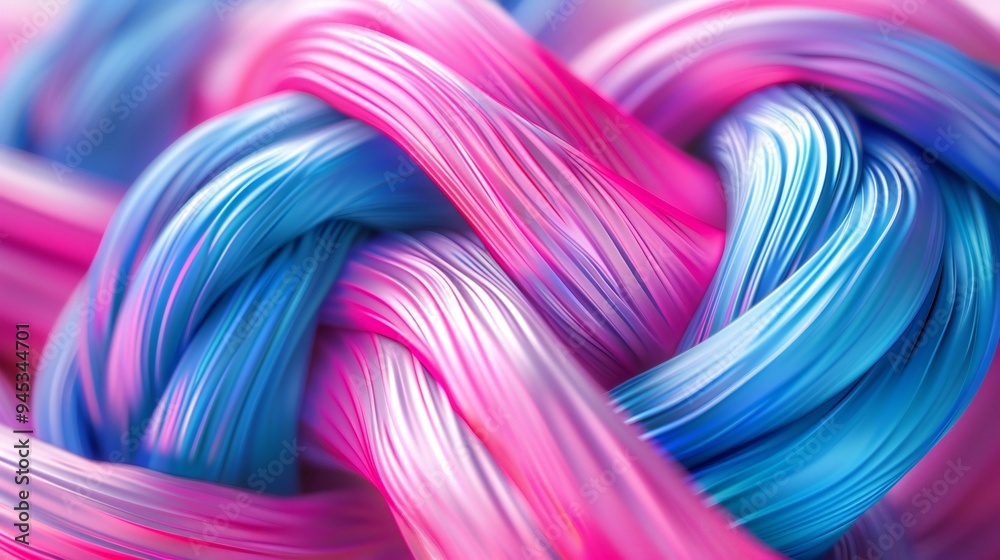 Twisting 3D braided threads, silk fabric thread, bright cyan and magenta background, woven patterns and soft shadows. Twisting 3D braided threads, silk fabric thread, bright cyan and magenta background, woven patterns and soft shadows.