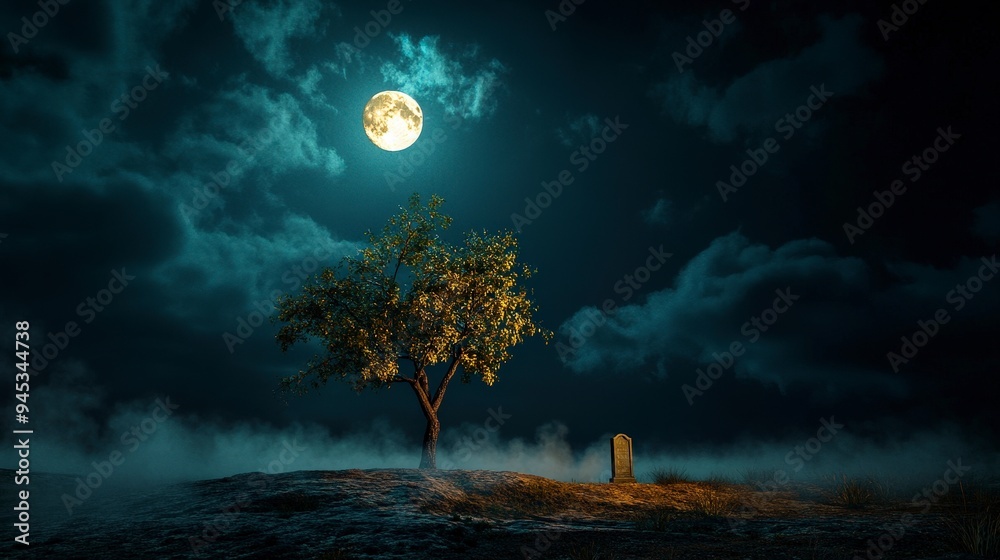A serene night scene featuring a tree, gravestone, and a full moon amidst clouds. A serene night scene featuring a tree, gravestone, and a full moon amidst clouds.