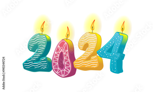 Inscription 2024 from colored candles for the holiday. Hand-drawn vector illustration. Numbers on a transparent background