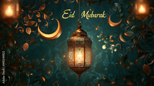 Happy Eid Ul Fitor background Ornamental Arabic lantern glowing. AI generative.	 photo