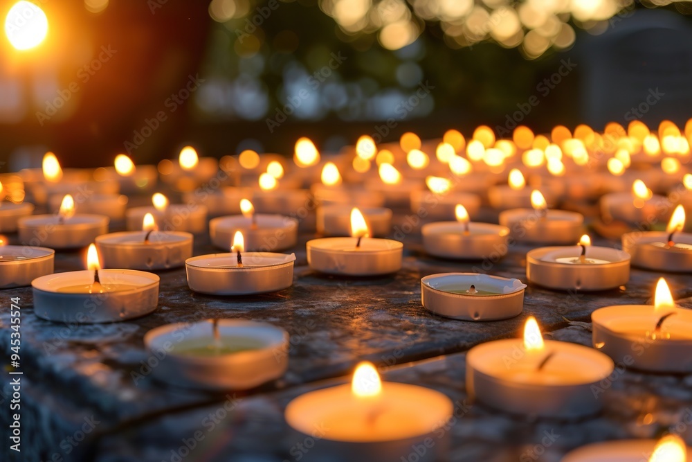 Candles lit in twilight, symbol of remembrance and tranquility Candles lit in twilight, symbol of remembrance and tranquility