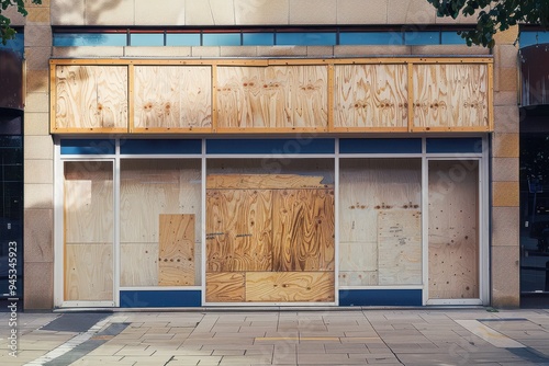 Boarded up shop A traditional British shopfront, closed and boarded up with wooden boards.