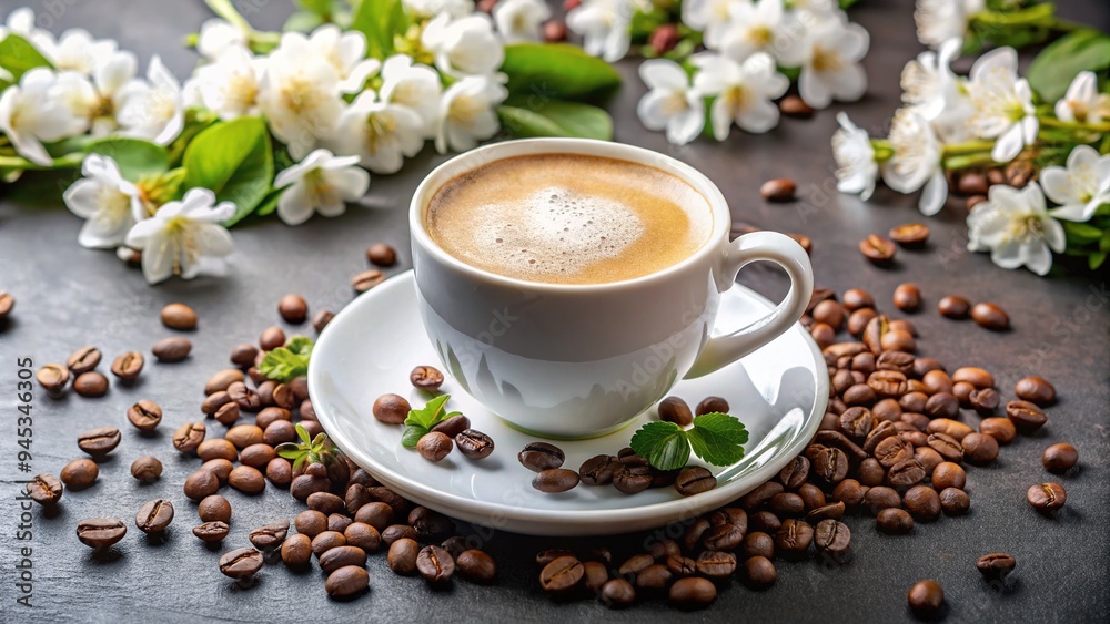 Frothy coffee fills a delicate cup resting on a saucer surrounded by an arrangement of blooming white flowers and scattered coffee beans. Frothy coffee fills a delicate cup resting on a saucer surrounded by an arrangement of blooming white flowers and scattered coffee beans.