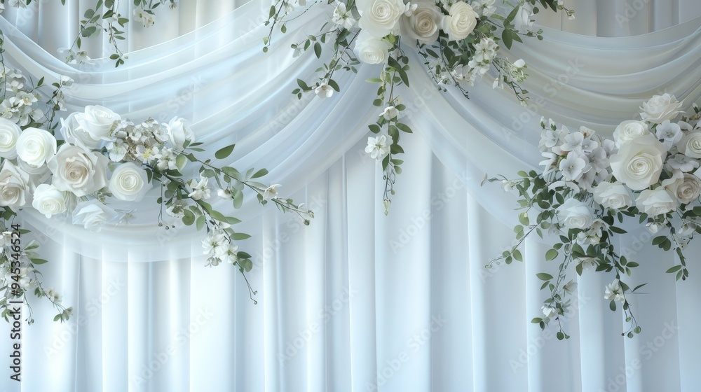 Elegant white wedding backdrop with floral accents and soft drapery for wedding projects Elegant white wedding backdrop with floral accents and soft drapery for wedding projects