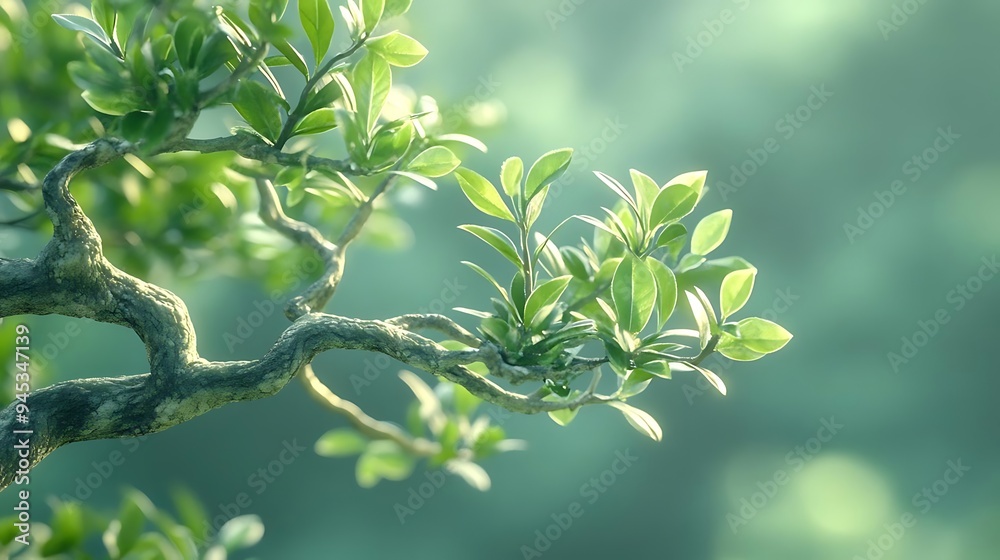 Close-Up of Green Leaves on a Twisted Branch - 3D Illustration