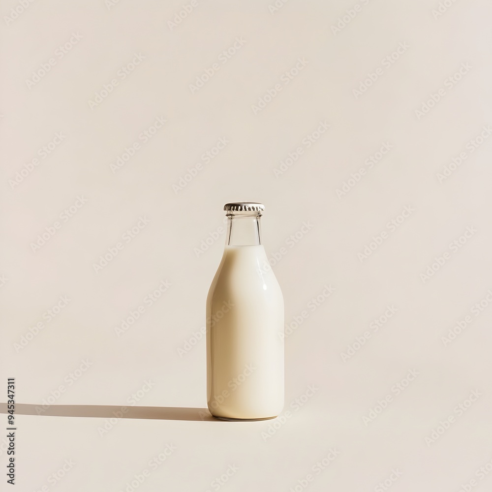 Minimalist and Isolated Photograph of a Single Glass Bottle of Milk Placed at the Center of a Plain Light colored Background