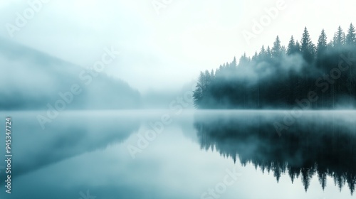 Misty Lake Serenity. A tranquil lake mirrors the ethereal beauty of a misty forest, creating a serene and contemplative landscape. Generative ai illustration.