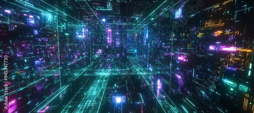 A digital realm with glowing neon grids and cybernetic structures