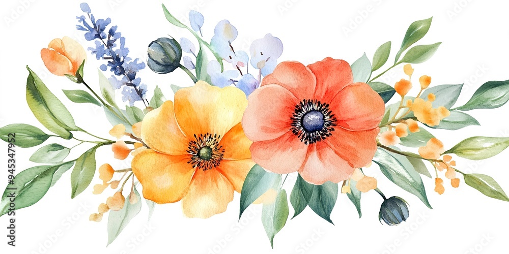 Modern set of watercolor summer flowers. on white background96 Modern set of watercolor summer flowers. on white background96