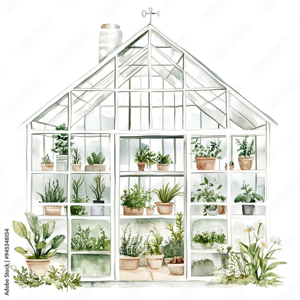 Watercolor painting of a white greenhouse with potted plants clipart white background Watercolor painting of a white greenhouse with potted plants clipart white background