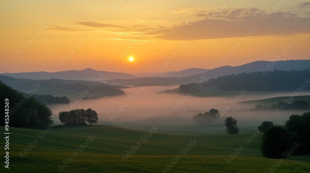 Golden Hour Serenity. A tranquil scene of a misty valley bathed in the warm glow of a sunrise, with rolling hills and a sun peeking over the horizon. The image evokes feelings of peace.Generative ai Golden Hour Serenity. A tranquil scene of a misty valley bathed in the warm glow of a sunrise, with rolling hills and a sun peeking over the horizon. The image evokes feelings of peace.Generative ai