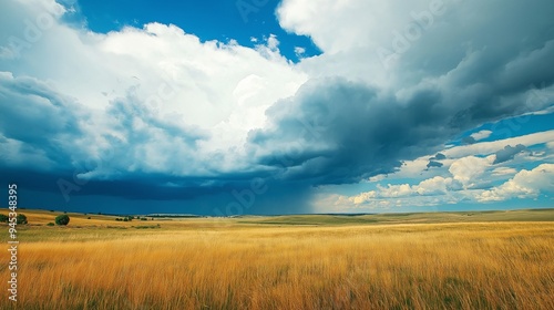 Golden Field Under Dramatic Skies. A vast expanse of golden wheat field stretches under a mesmerizing sky, where towering, dramatic clouds paint the canvas with shades of blue and grey. Generative ai 