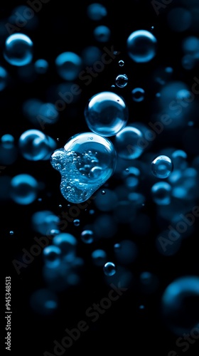 A group of blue bubbles floating against a black background.