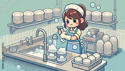 Concept of an image of a woman working in a washroom of a restaurant. Vector illustration.