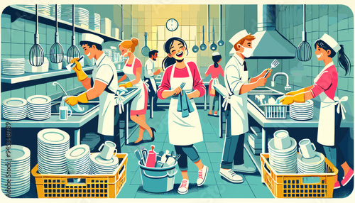 Concept of an image of a woman working in a washroom of a restaurant.Vector illustration.