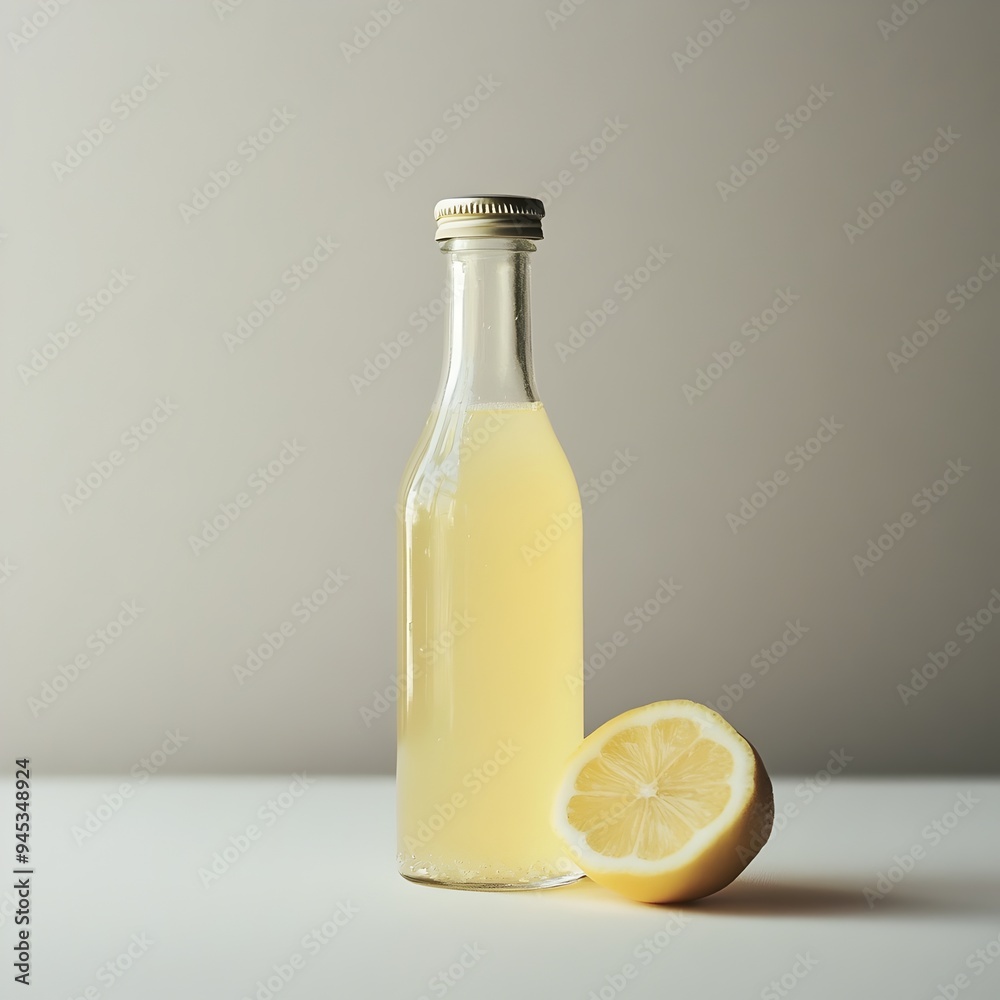 Glass bottle filled with lemon flavored refreshing beverage placed at the center of a plain simple background The transparent container showcases the vibrant yellow liquid within Glass bottle filled with lemon flavored refreshing beverage placed at the center of a plain simple background The transparent container showcases the vibrant yellow liquid within
