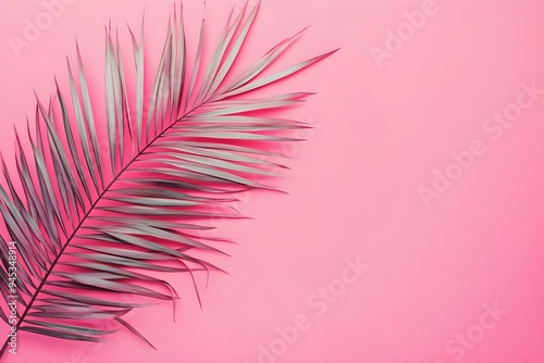 tropical bright pink background with exotic painted tropical palm leaf. Minimal fashion summer concept. Flat lay