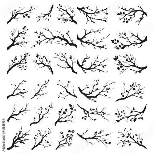 Tree Branch Silhouettes Pack, set of vector black tree branches on white background