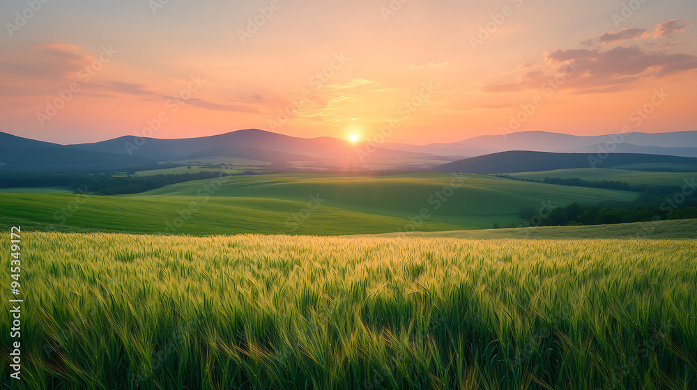 sunset over rolling countryside with soft orange and pink hues illuminating green fields and distant hills under serene sky sunset over rolling countryside with soft orange and pink hues illuminating green fields and distant hills under serene sky